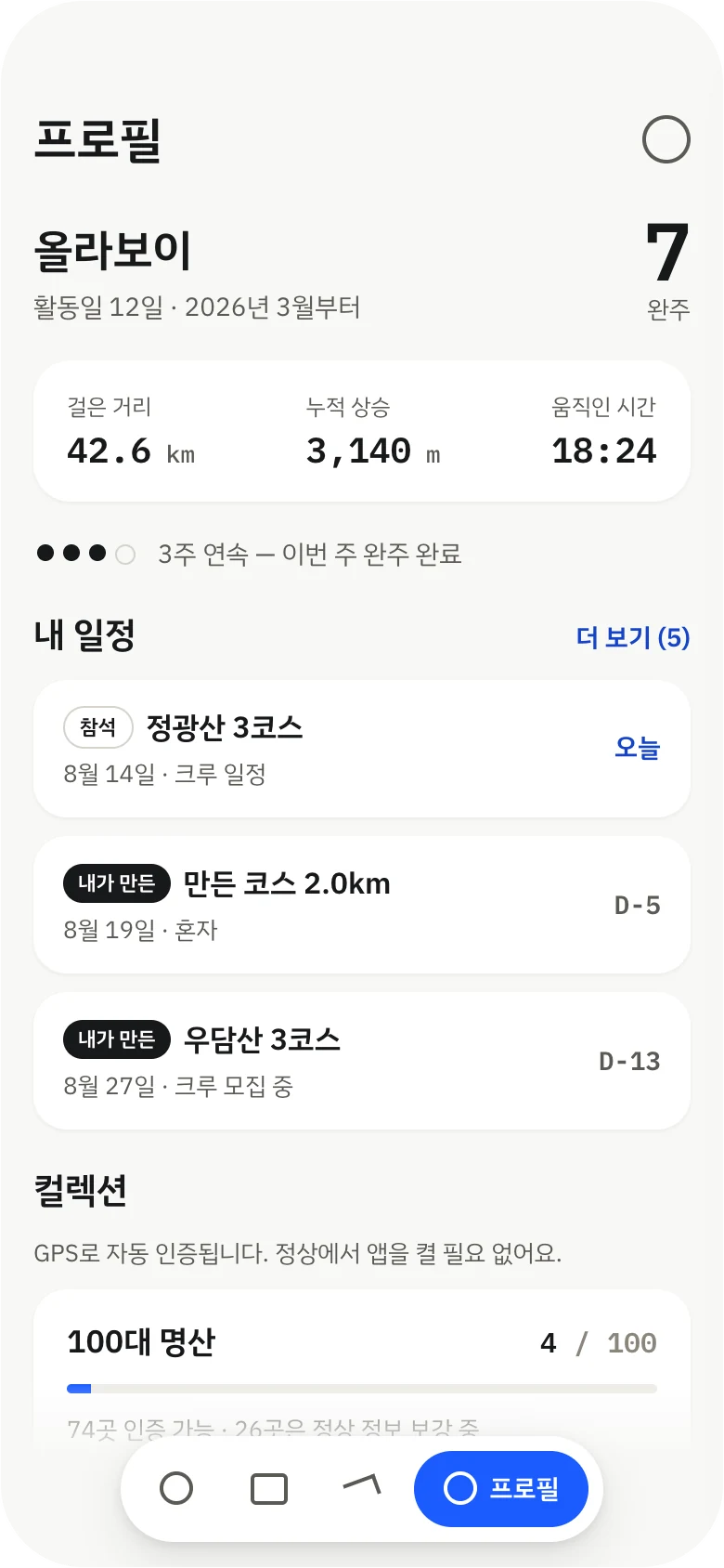 프로필 화면 — 완주 기록과 컬렉션